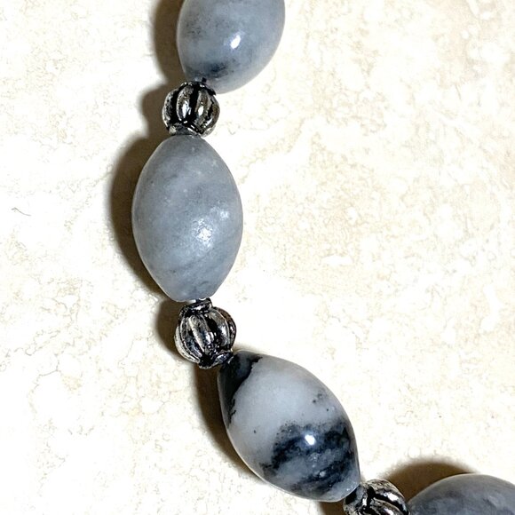 Genuine Grey Anhydrite & White Freshwater Pearl Bib Necklace, Natural Gemstone - Picture 5 of 11
